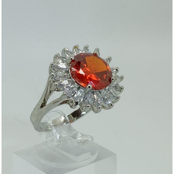 Vintage Ring Size 6.5 Silver Tone White Gold GP Orange CZ Cluster Cocktail NOS - Picture 9 of 9